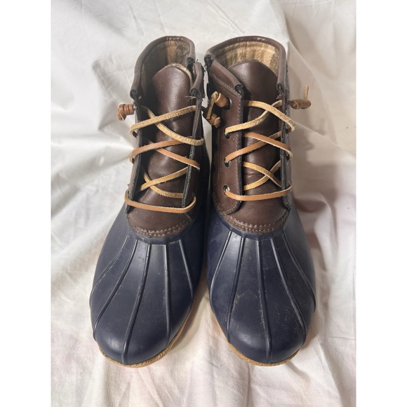 SKECHERS  DUCK BOOT WOMEN Sz8Blue Vegan Flannel Lined Leather Ties Pond Wash Out - Picture 2 of 9